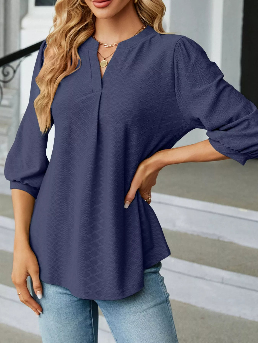 Notched 3/4 Sleeve Casual Top