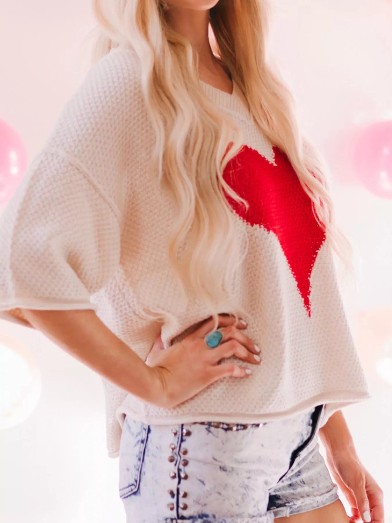 V-Neck Dropped Sleeve Heart Print Valentines Sweater