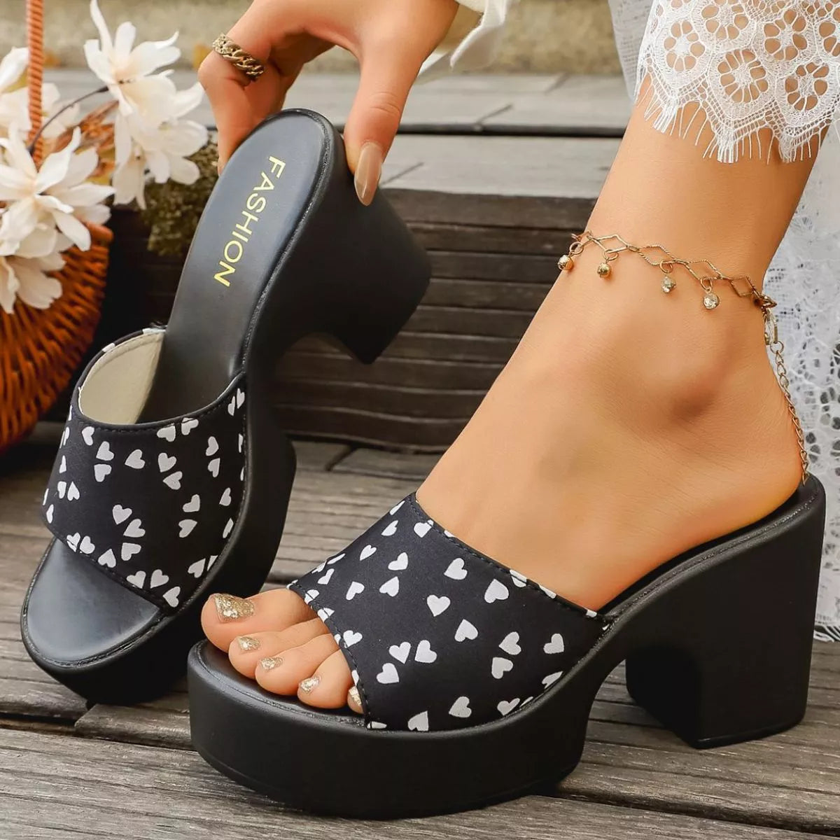 Heart Print Block Heel Sandals