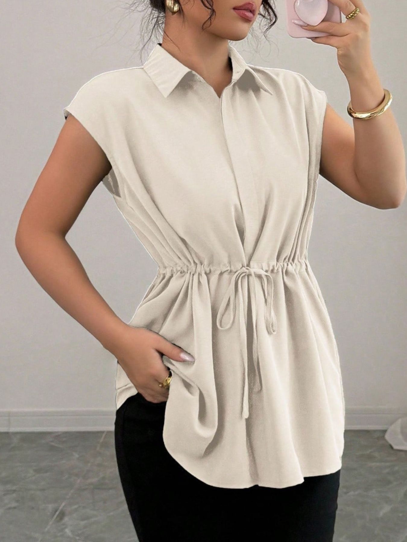 Drawstring Waist Cap Sleeve Shirt