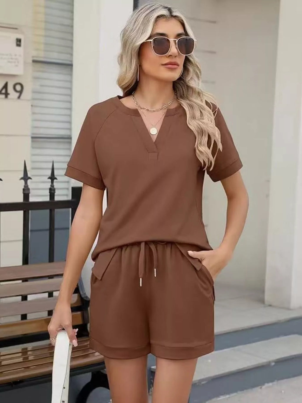Solid Color Short Sleeve Top and Shorts Two-Piece Set