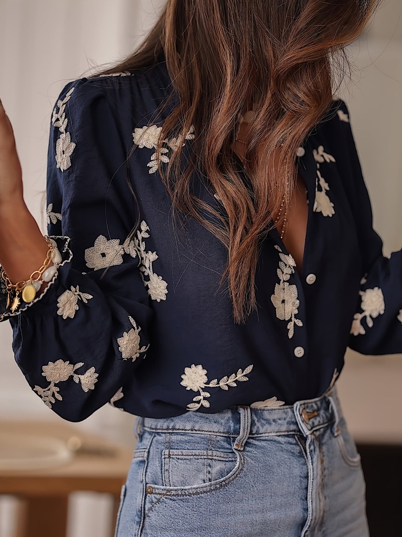 Floral Embroidered Button Down Shirt