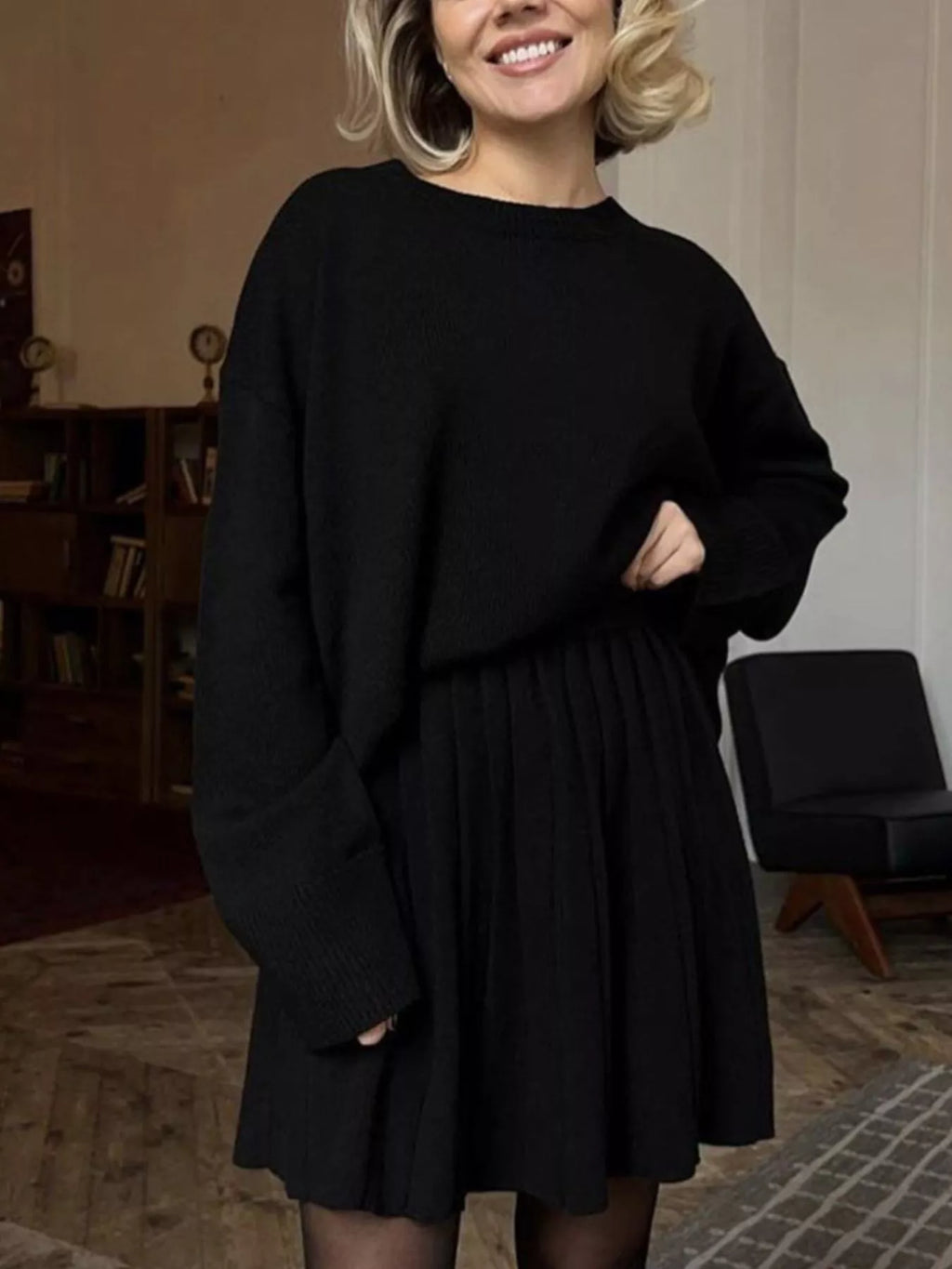 Round Neck Top and Pleated Skirt Sweater Set