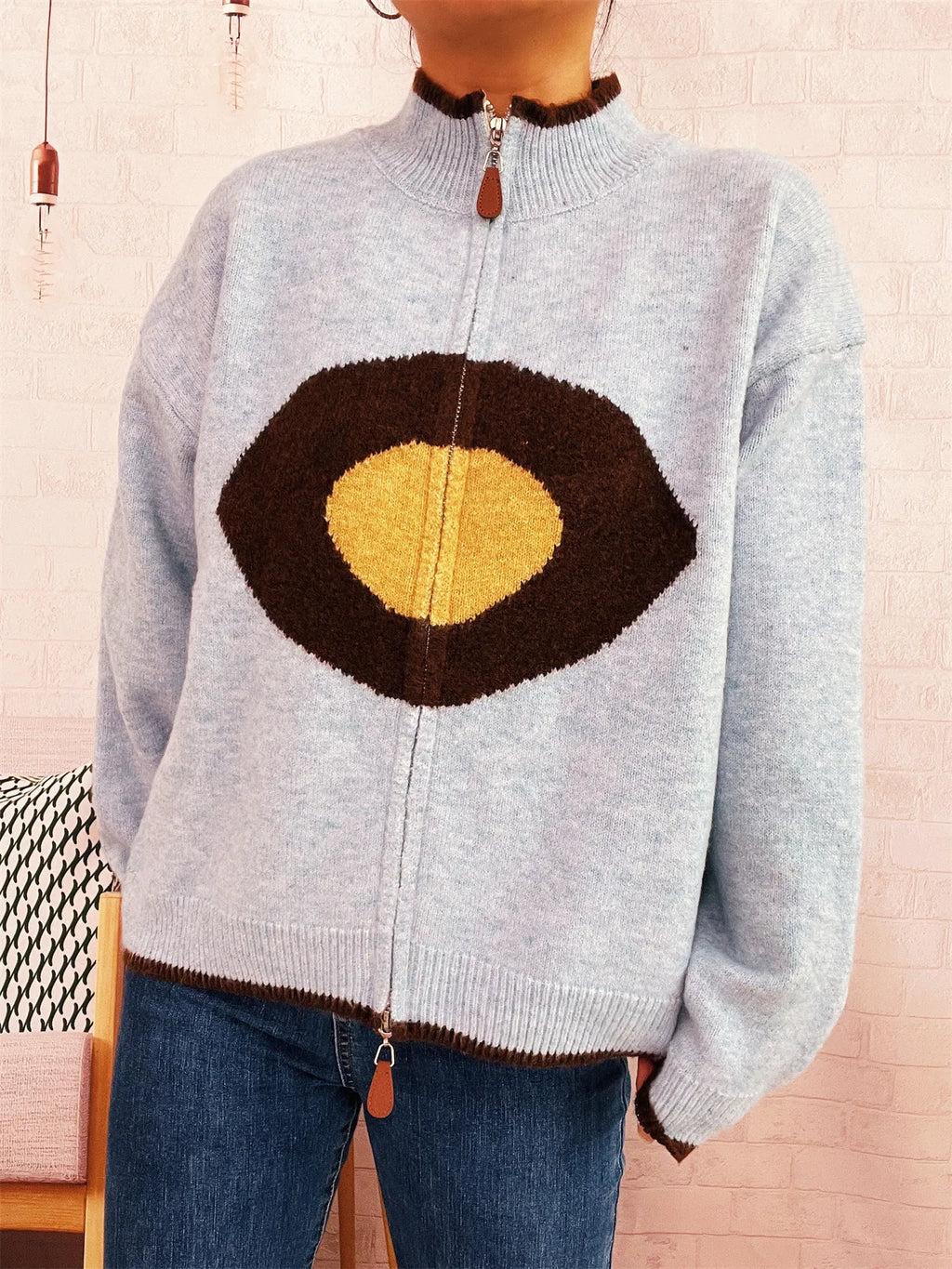Zip-Up Contrast Trim Cardigan