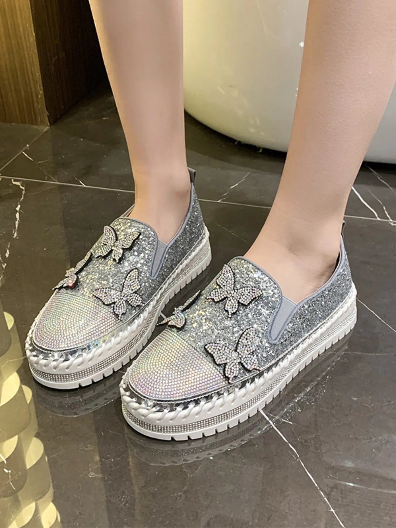 Rhinestone Embellished Platform Slip-Ons