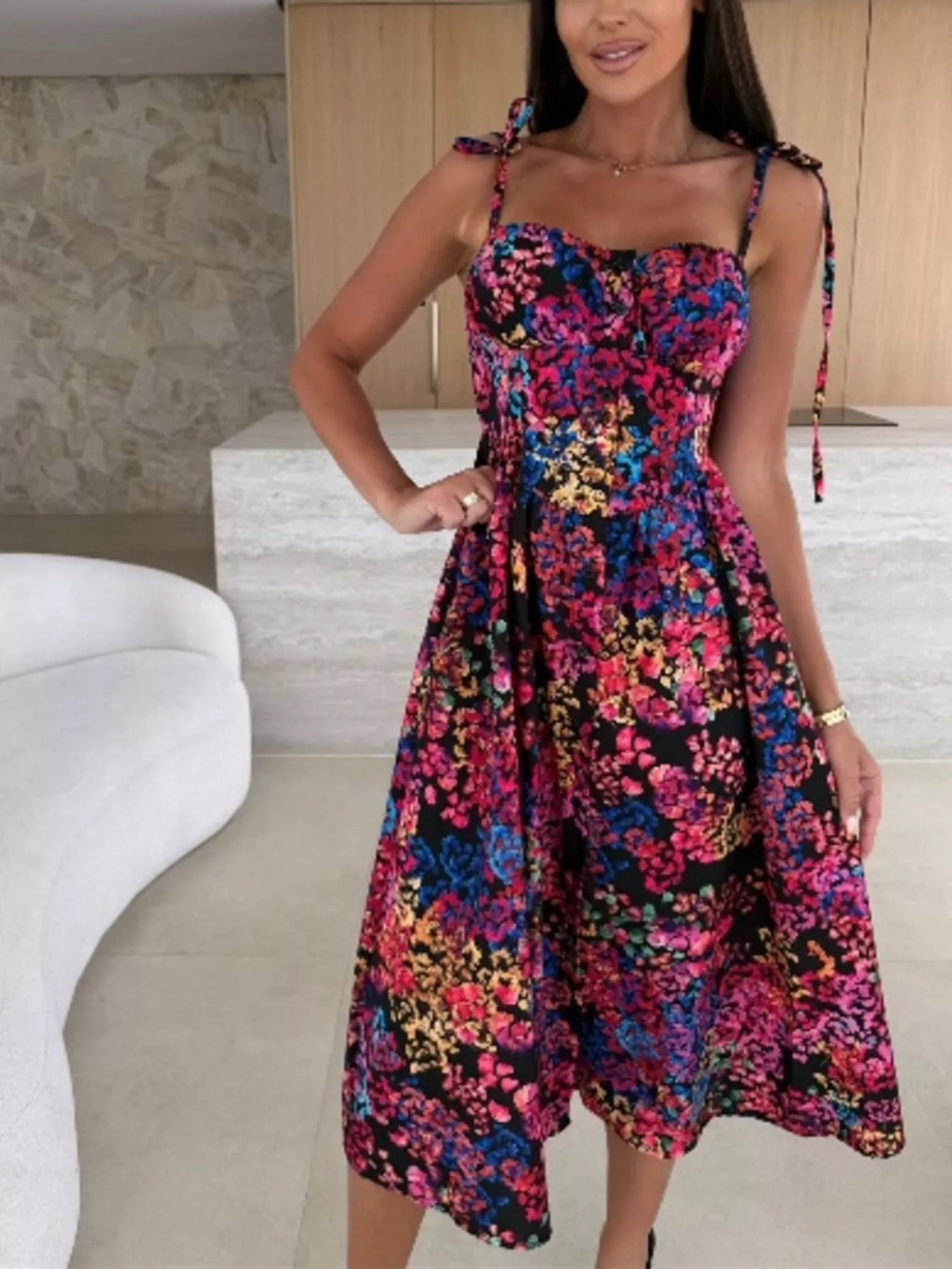 Printed Tie-Strap Midi Dress
