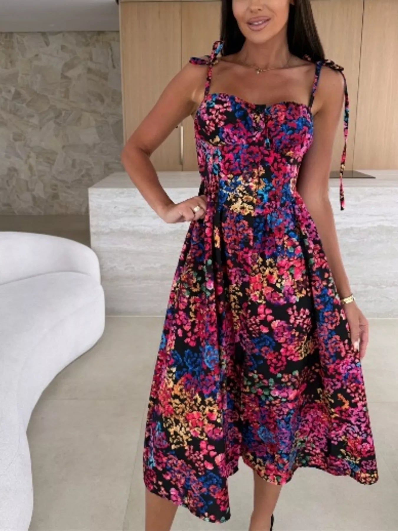 Printed Tie-Strap Midi Dress