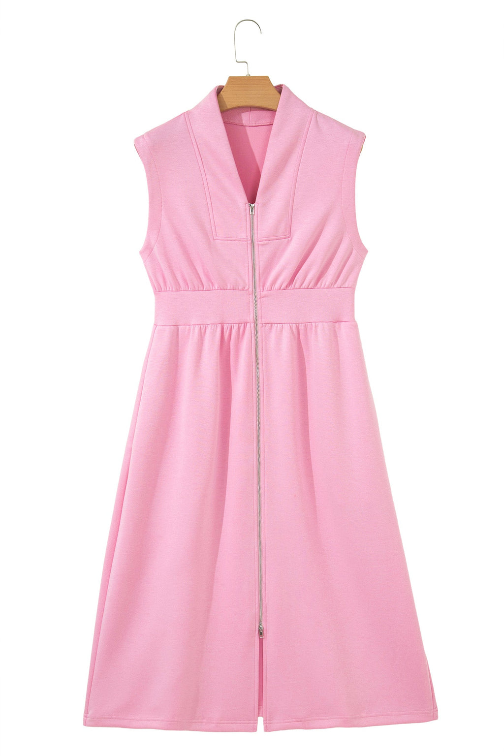 Solid Zip Up V-Neck Sleeveles Midi Dress