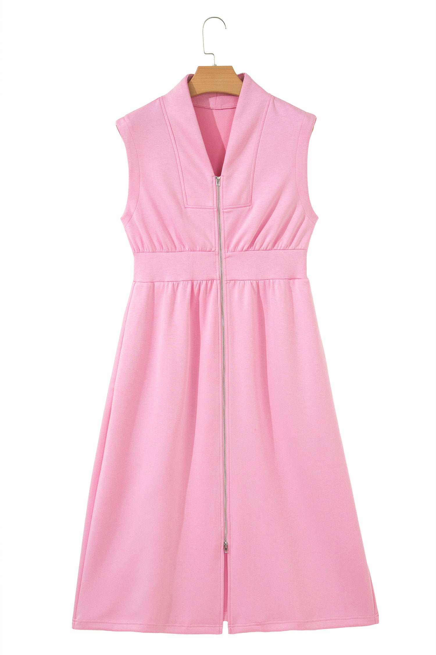 Solid Zip Up V-Neck Sleeveles Midi Dress