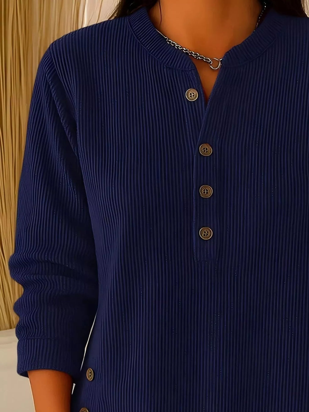 Full Size Ribbed Half Button Henley Top Plus Size