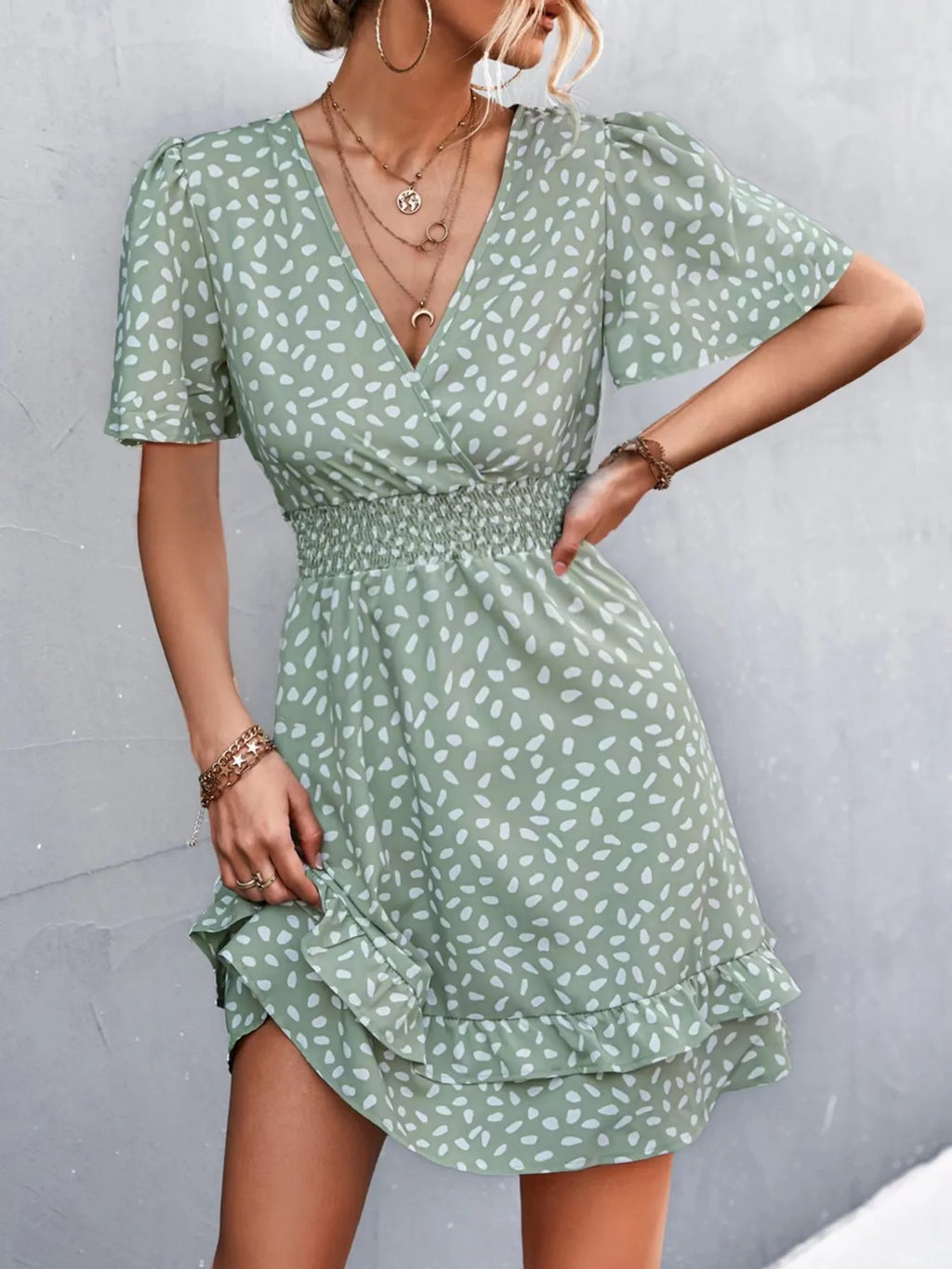 V-Neck Flutter Sleeve Mini Dress