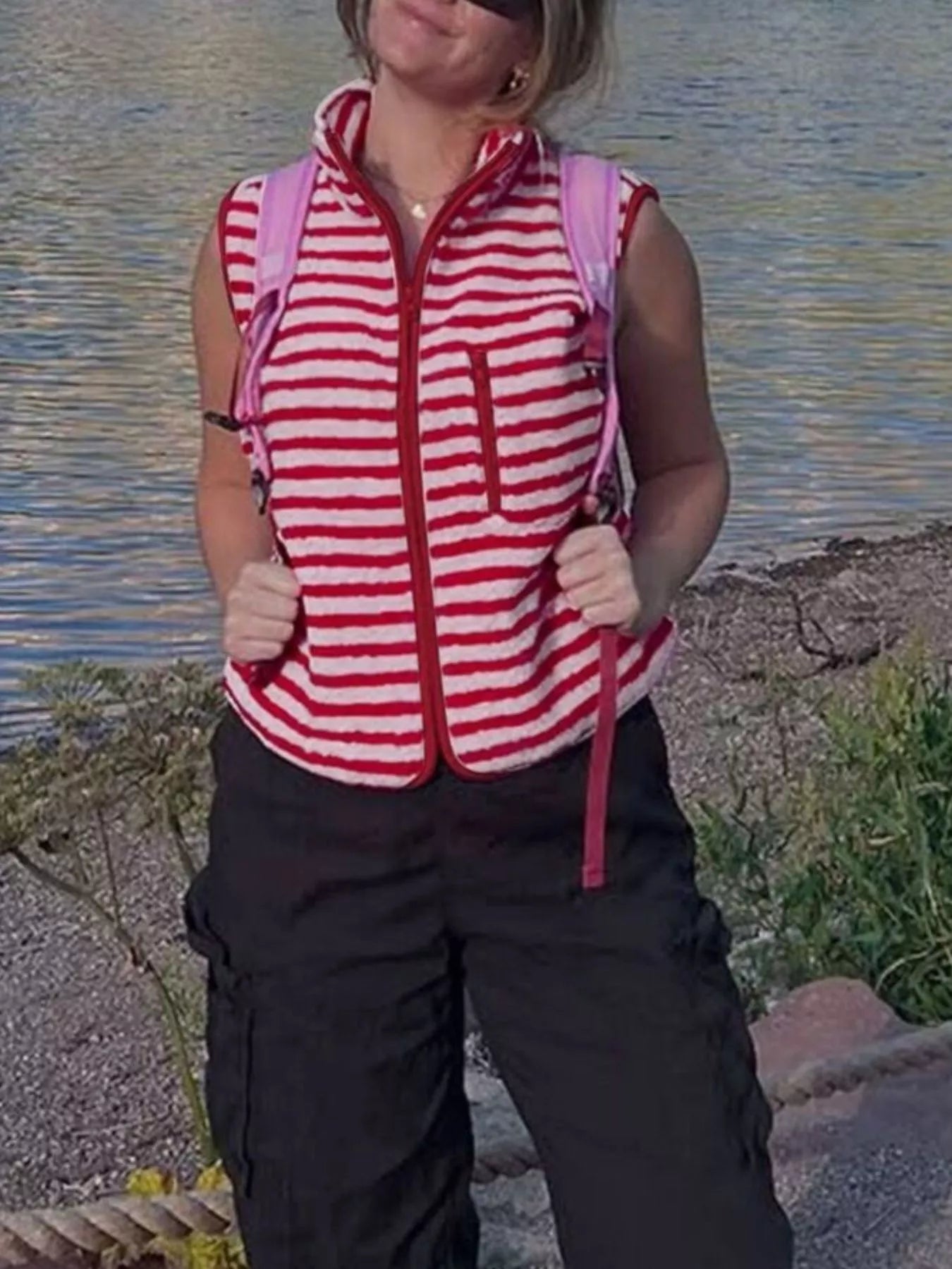 Striped Fleece Zip-Up Vest Coat
