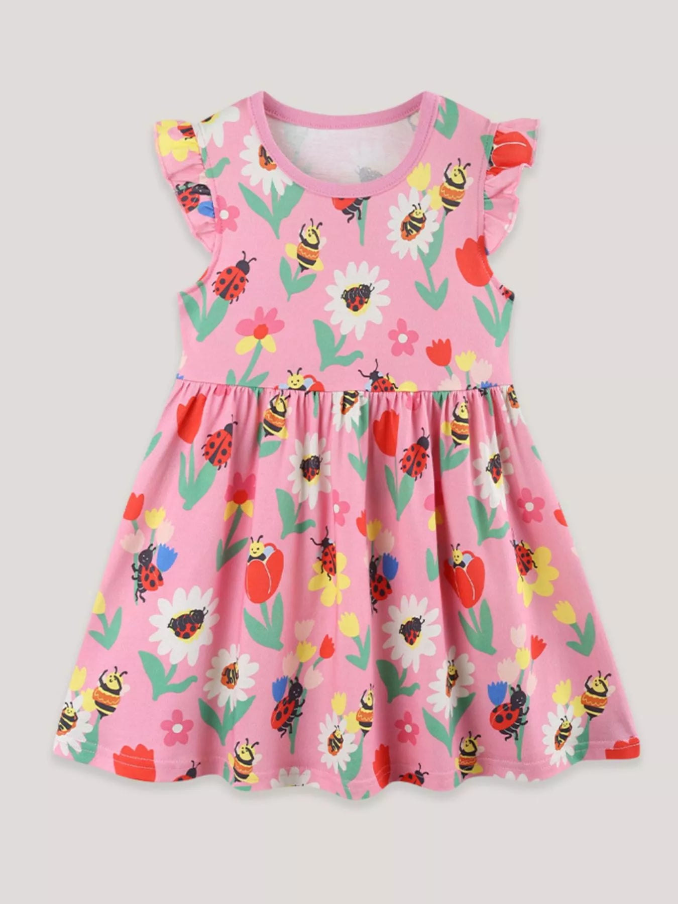 Children's Floral & Insect Print Ruffle Sleeve Casual Dress