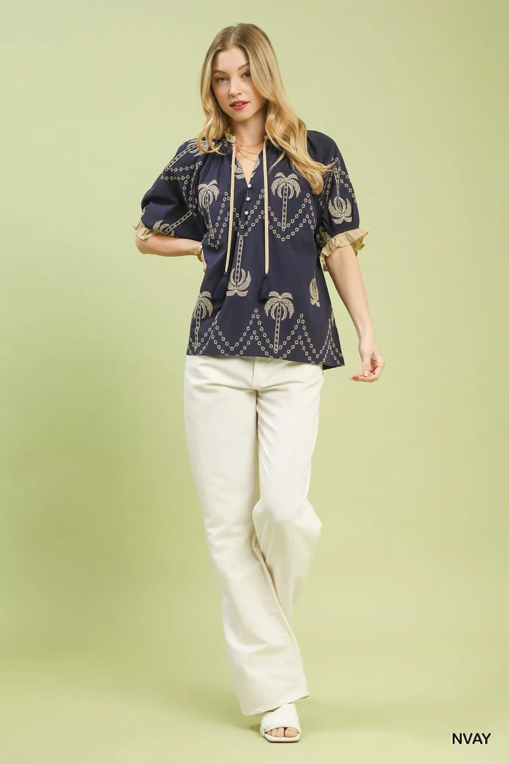 Umgee Embroidered Palm Print Tassel Tie Blouse