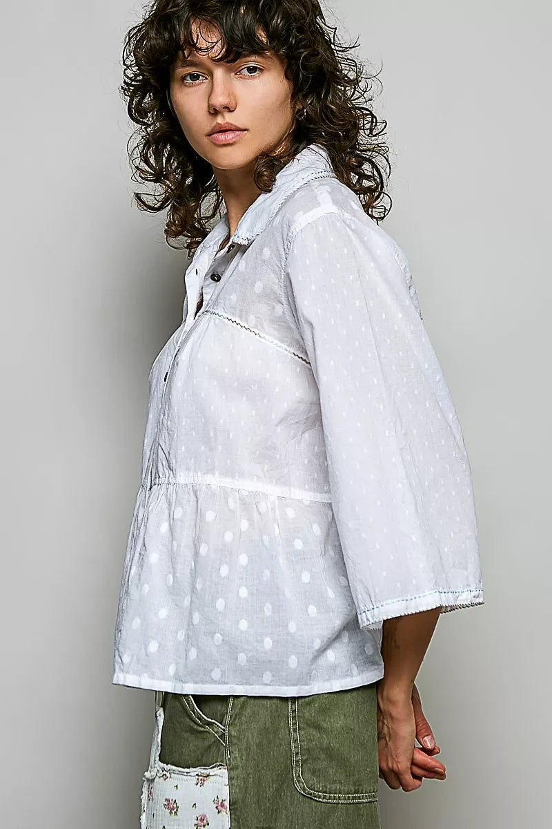 POL Tonal Dot Weave Textured Button Front Shirt