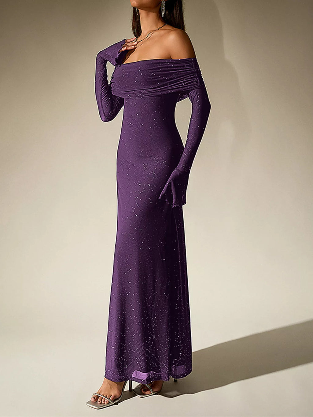 Glitter Off-Shoulder Maxi Dress