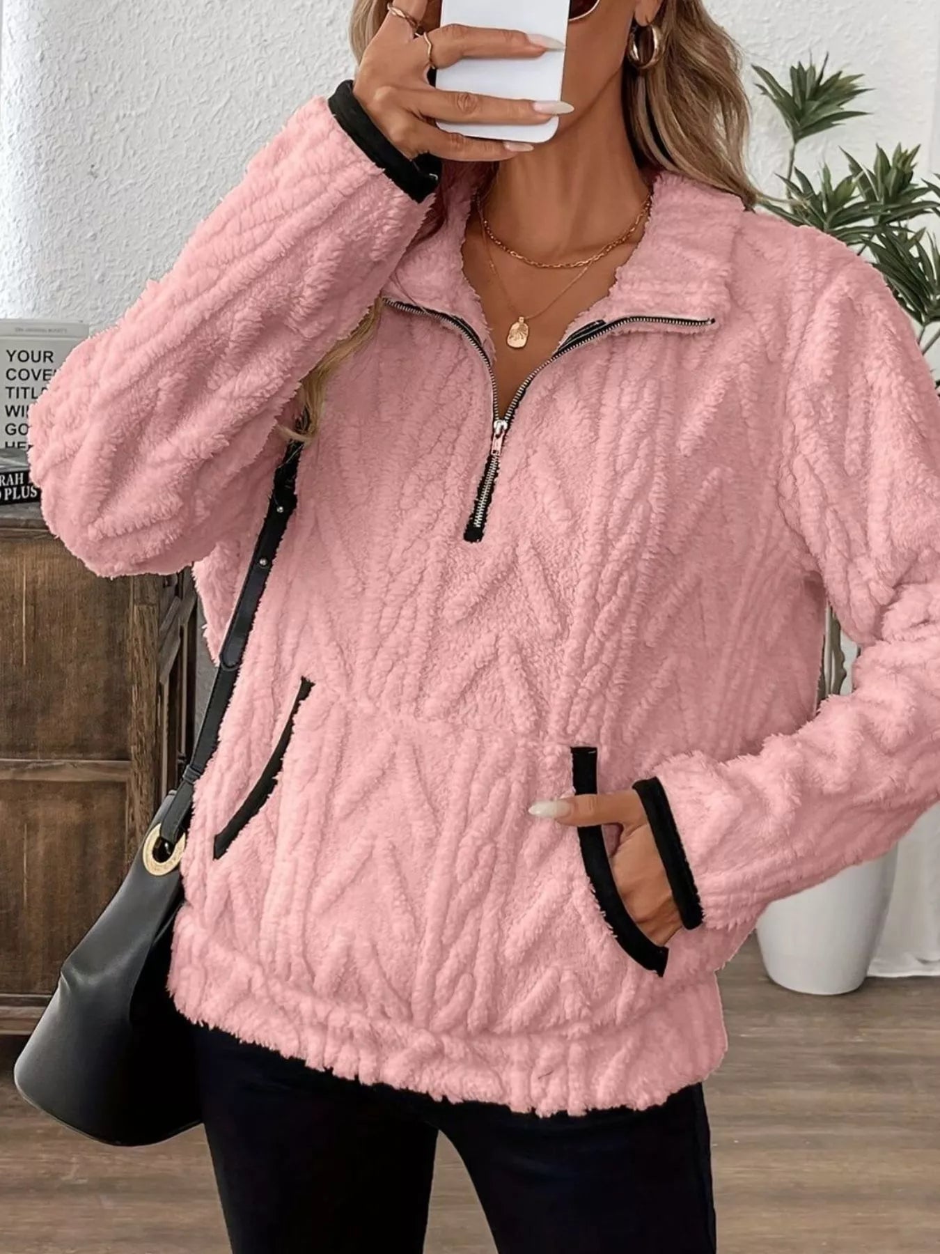 Full Size Half Zip Kangaroo Pocket Sweatshirt Plus Size