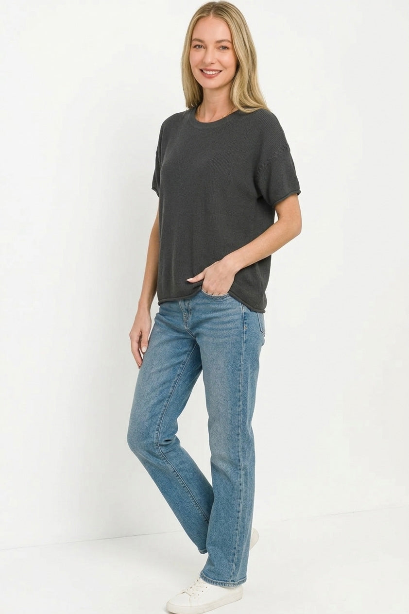 Zenana Viscose Round-neck Short Sleeve Sweater