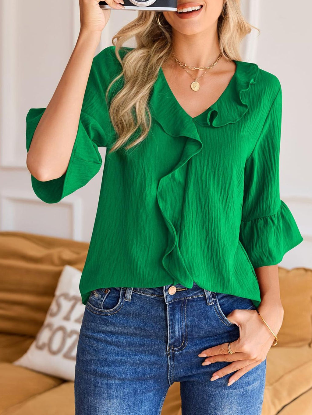 Ruffle V-Neck Flounce Sleeve Blouse