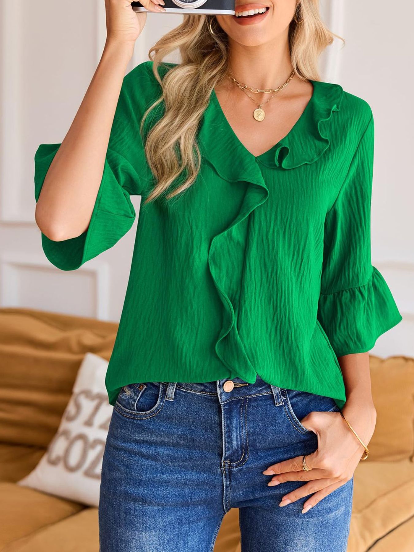 Ruffle V-Neck Flounce Sleeve Blouse