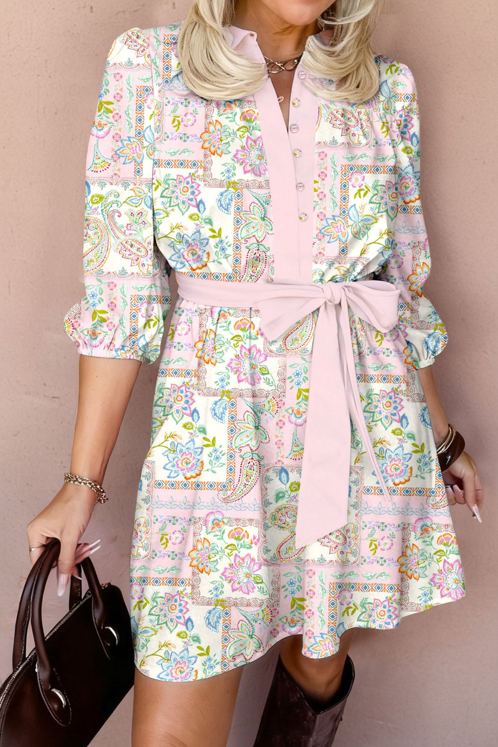 Boho Floral Colorblock 3/4 Sleeve Belted Mini Dress