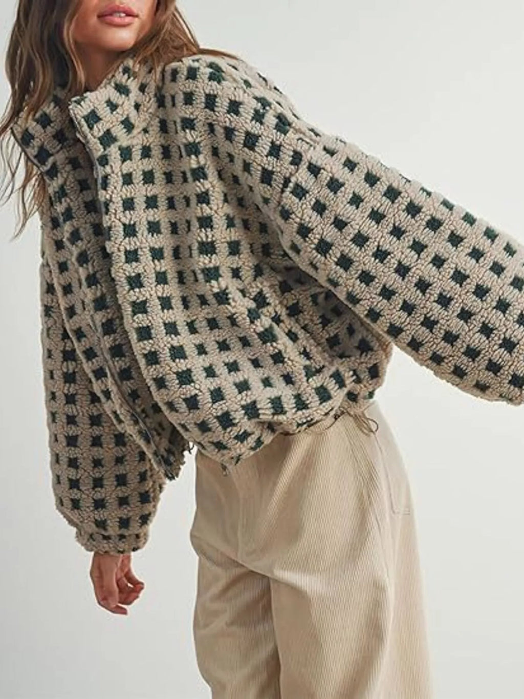 Plaid Zip Up Sherpa Jacket