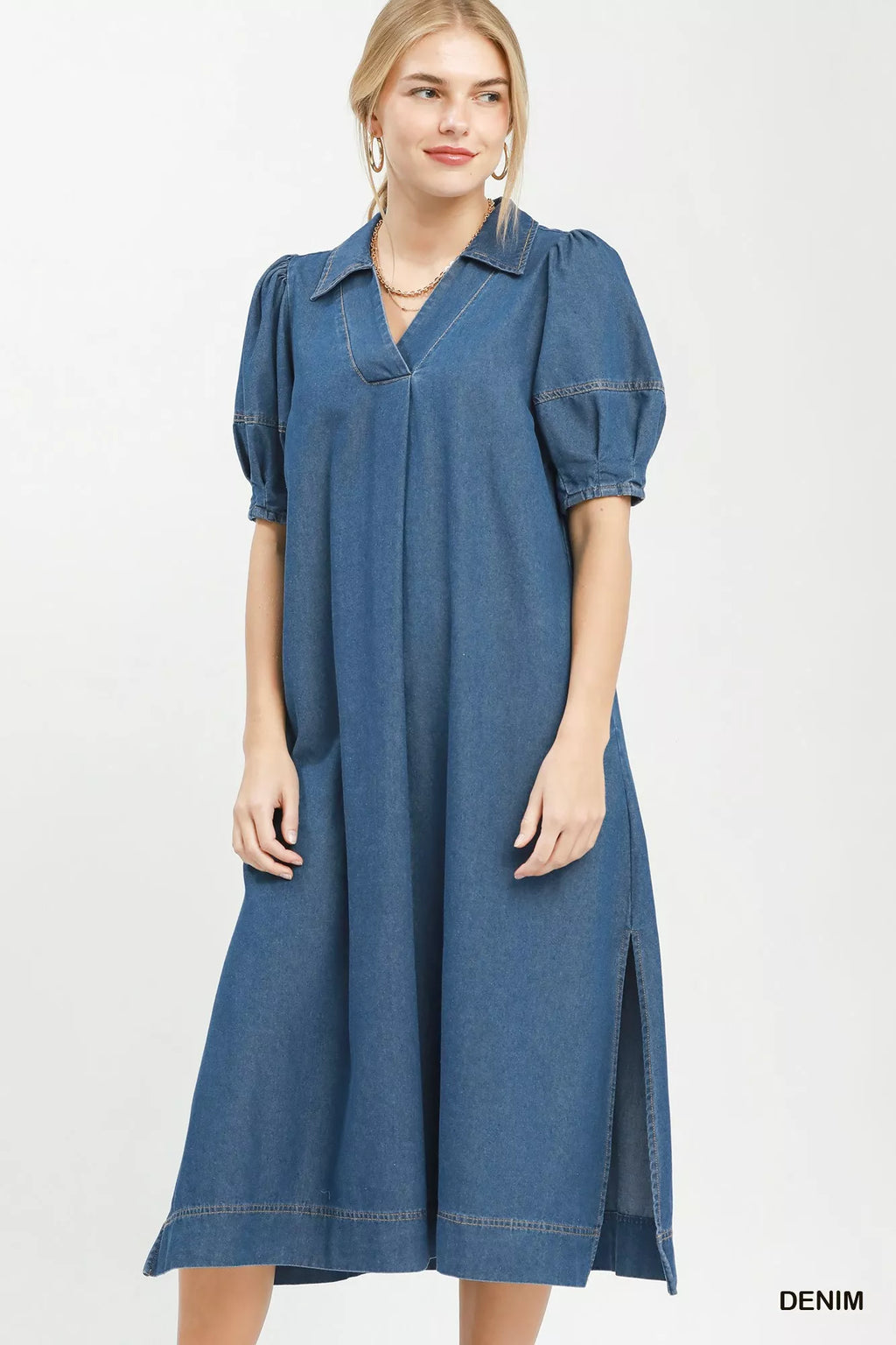 Umgee Chambray Collared Puff Sleeve Dress