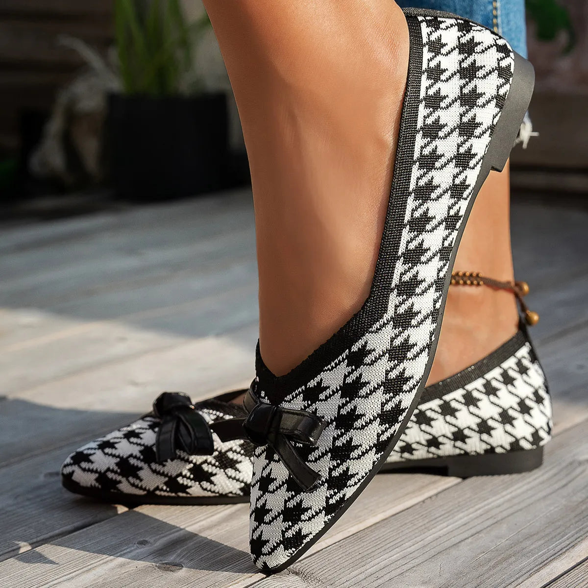 Houndstooth Point Toe Flats Slip-Ons