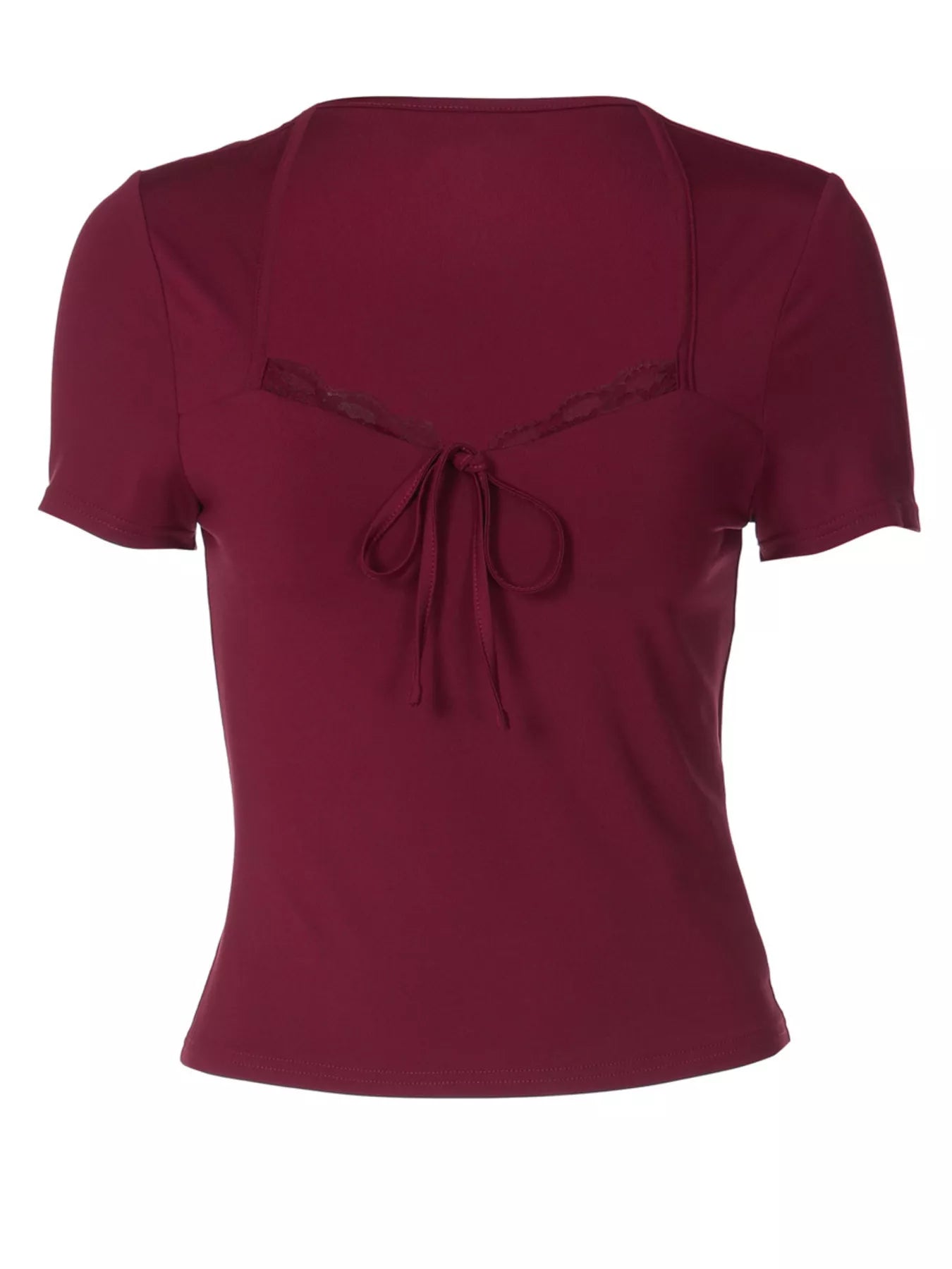 Sweetheart Neck Lace Trim Tie-Front T-Shirt