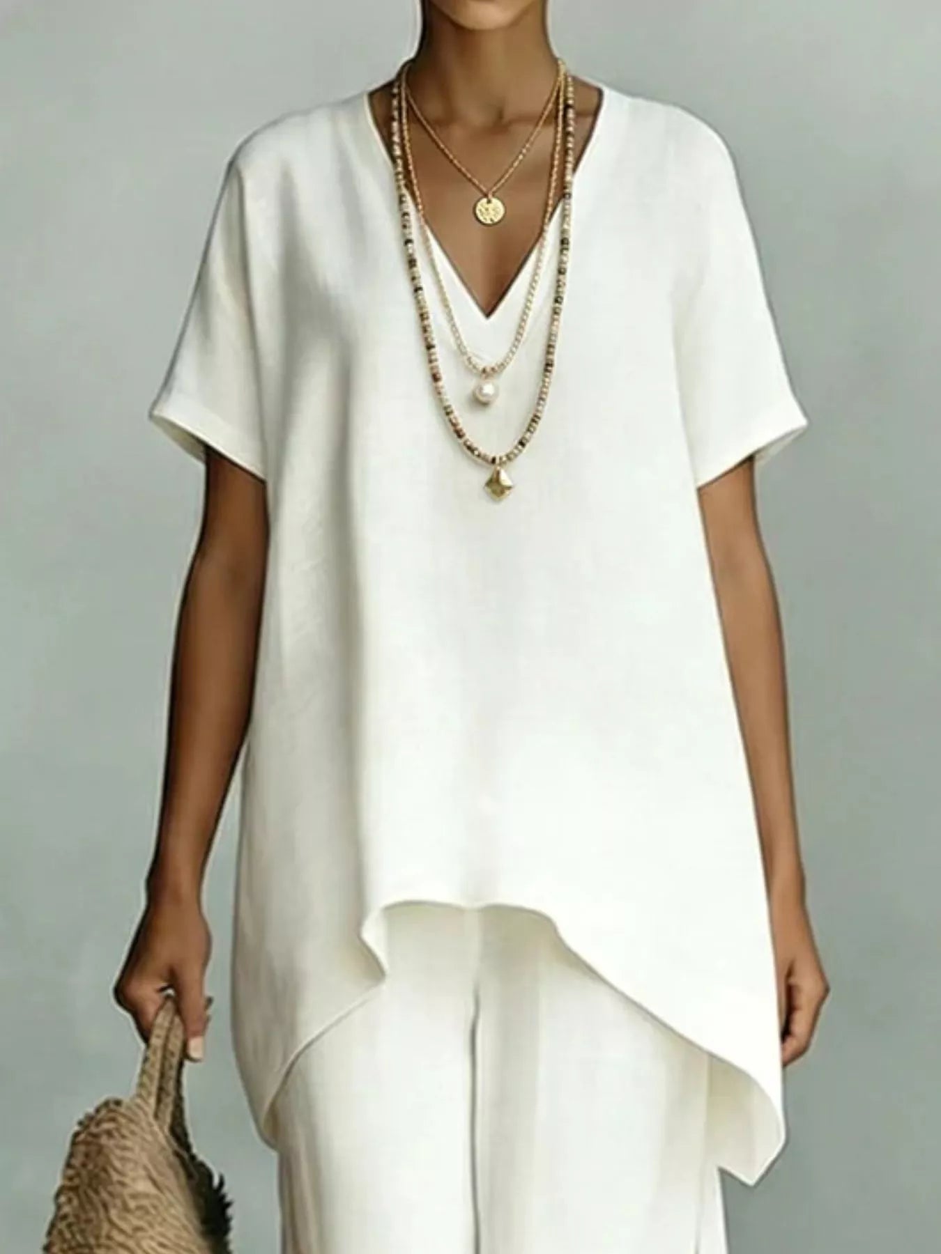 Full Size V-Neck Top and Wide-Leg Pants Set Plus Size
