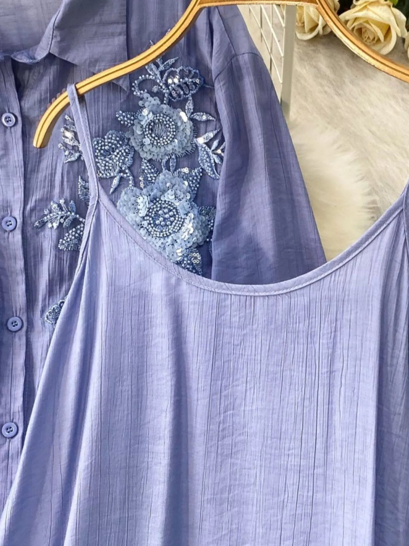 Sequin Flower Button Up Shirt and Cami Dress Set