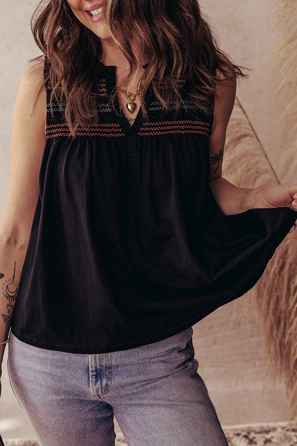 Boho Embroidered Sleeveless V-Neck Blouse