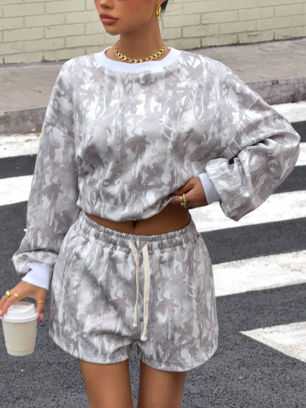 Round Neck Long Sleeve Top & Shorts Set