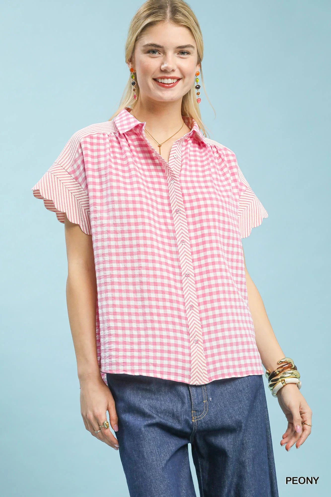 Umgee Mixed Gingham Short Sleeve Shirt