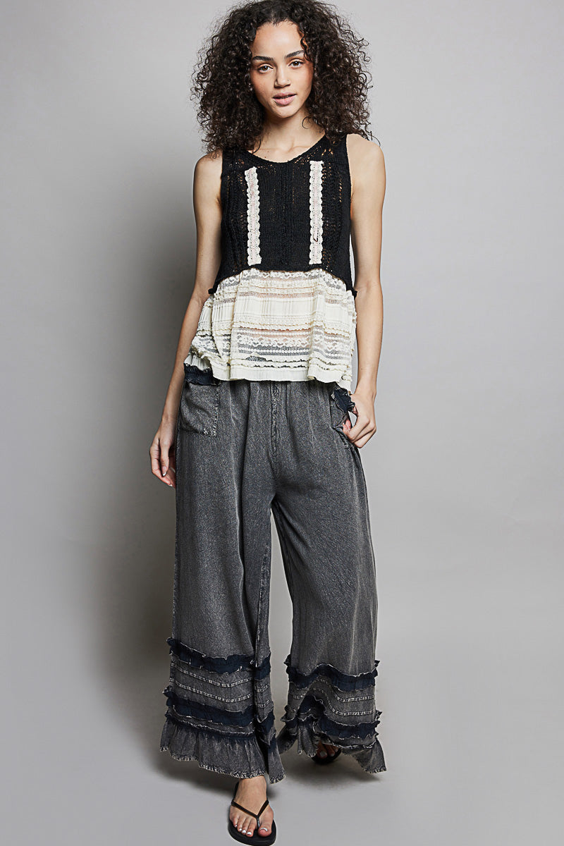 POL V-Neck Crochet Sweater Vest with Lace Trim