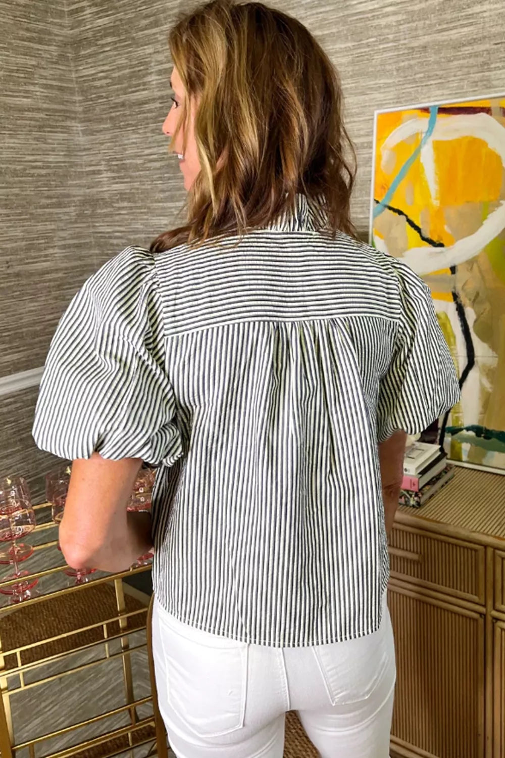 Striped Ruffle Short Bubble Sleeve Shirt