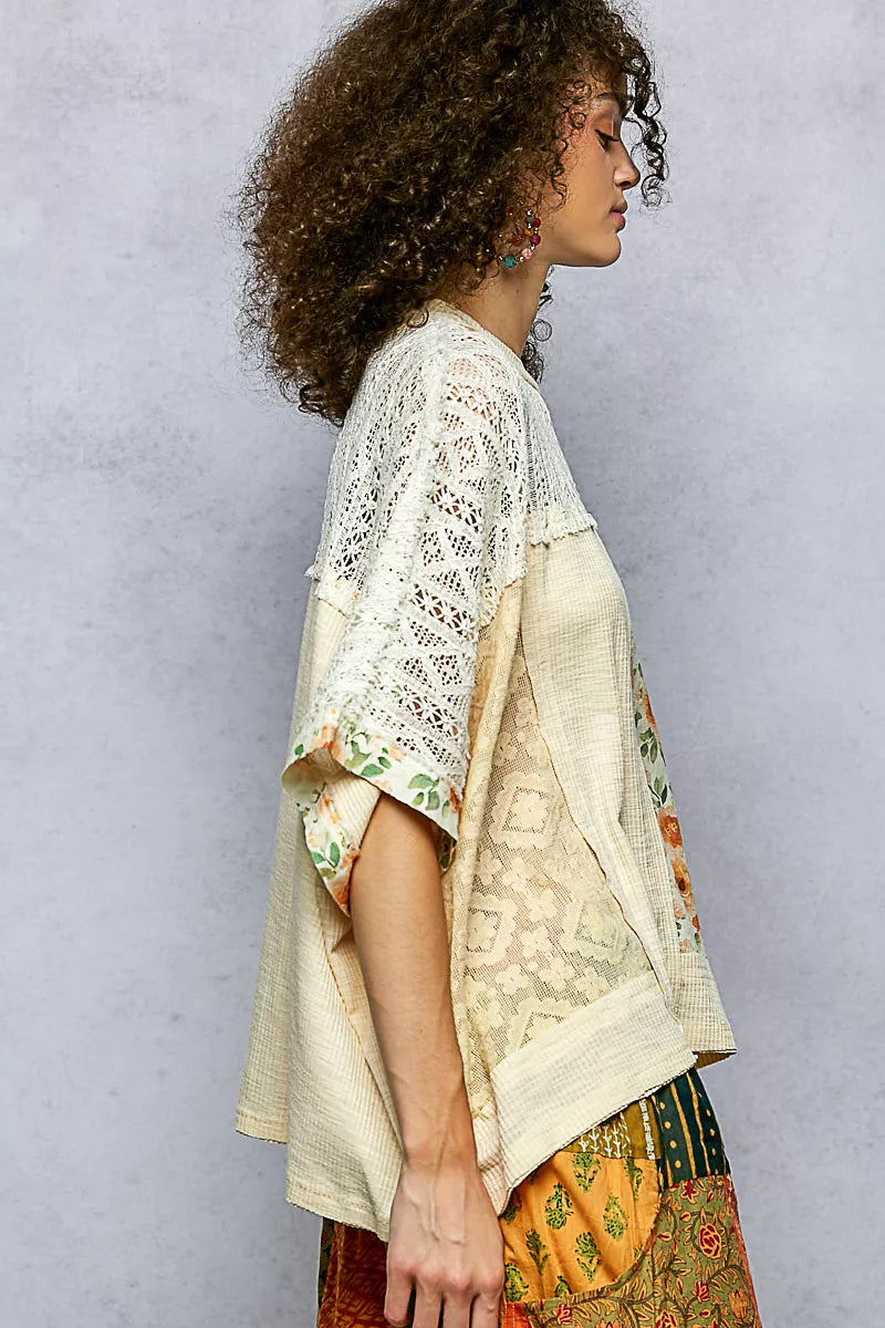 POL Floral Patchwork Lace Accent Blouse