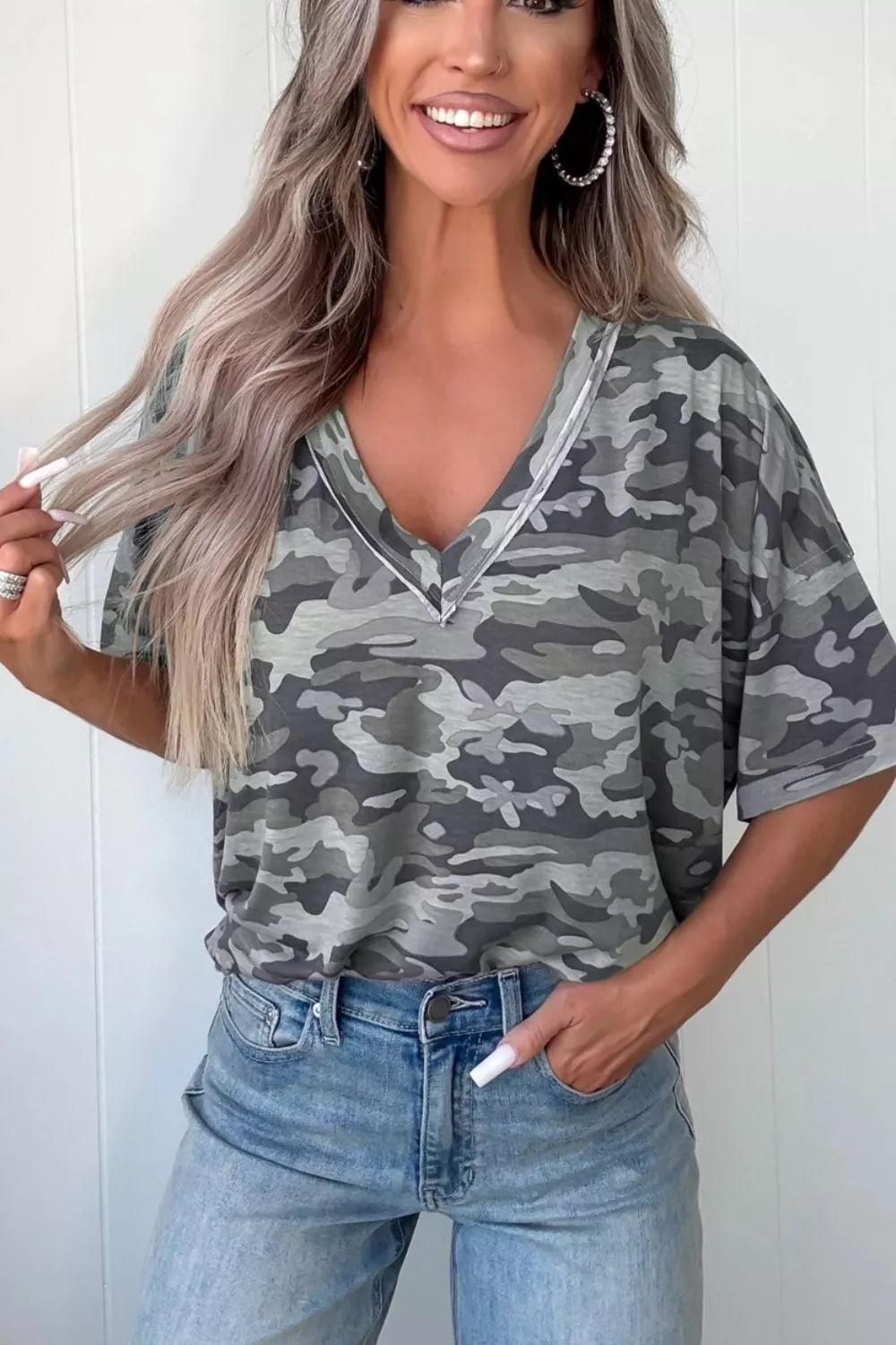 Camouflage Print Raw Edge V Neck Tee