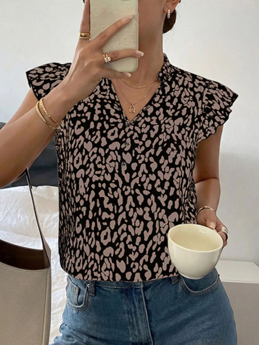 Leopard Print Ruffle Sleeve Blouse