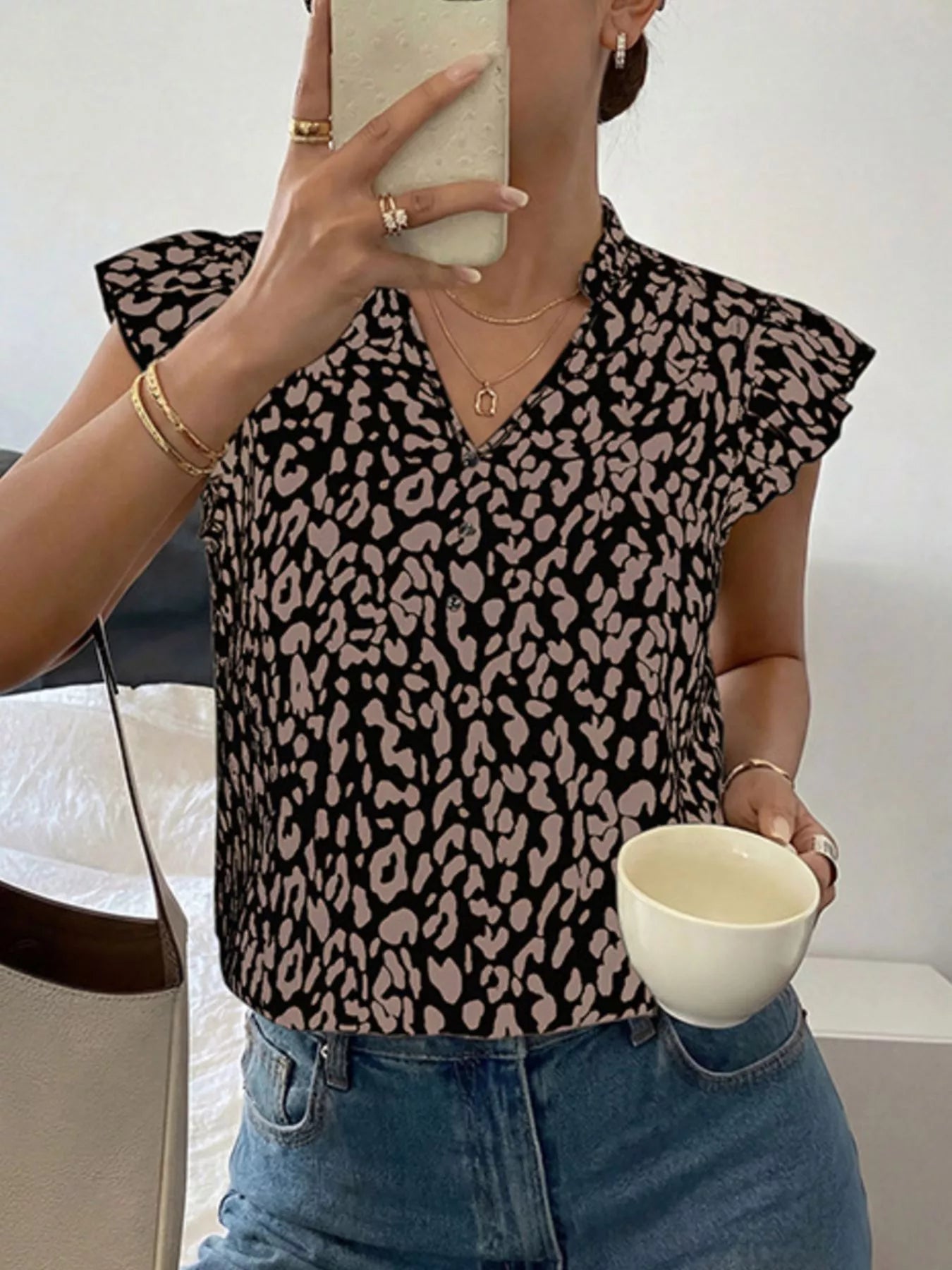 Leopard Print Ruffle Sleeve Blouse