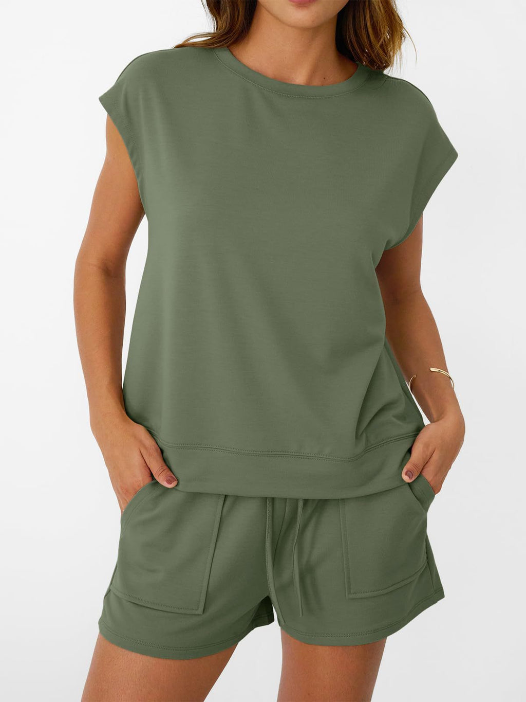 Round Neck Cap Sleeve Top and Shorts Set