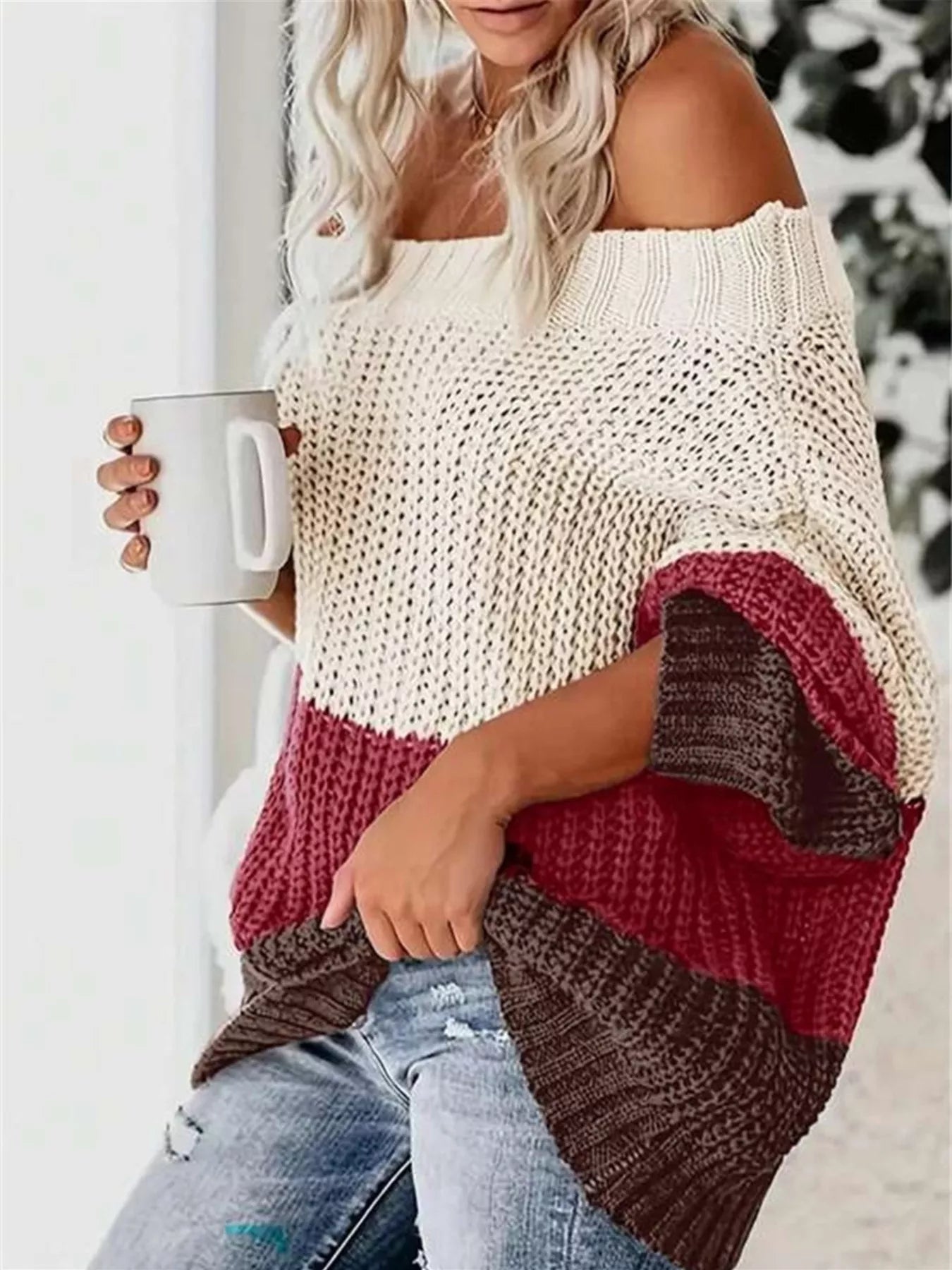 Off-Shoulder Color Block Sweater