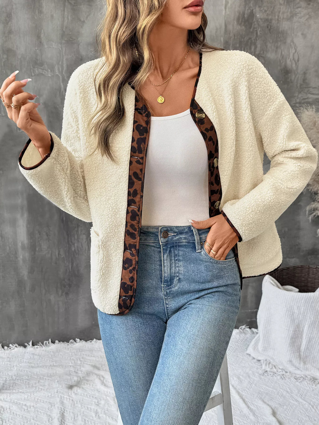 Leopard Trim Button Up Jacket