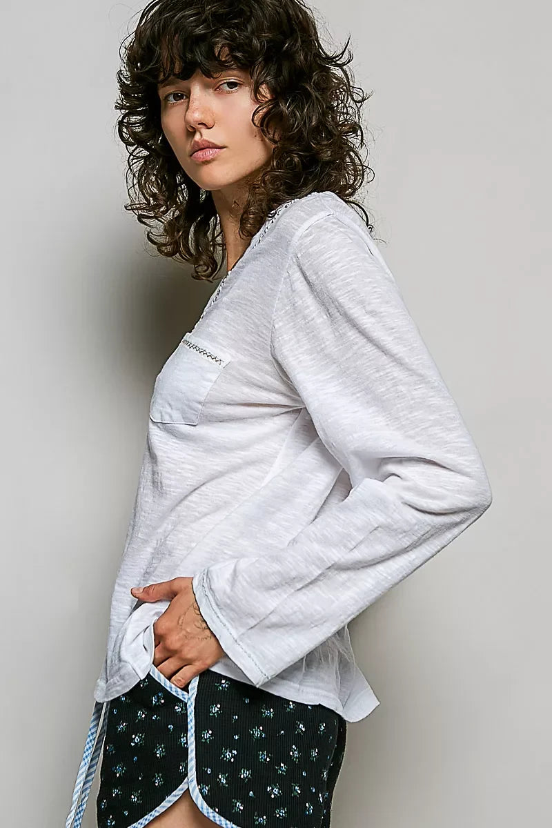 POL Contrast Hand-Stitch V-Neck Lightweight Knit Long Sleeve Top