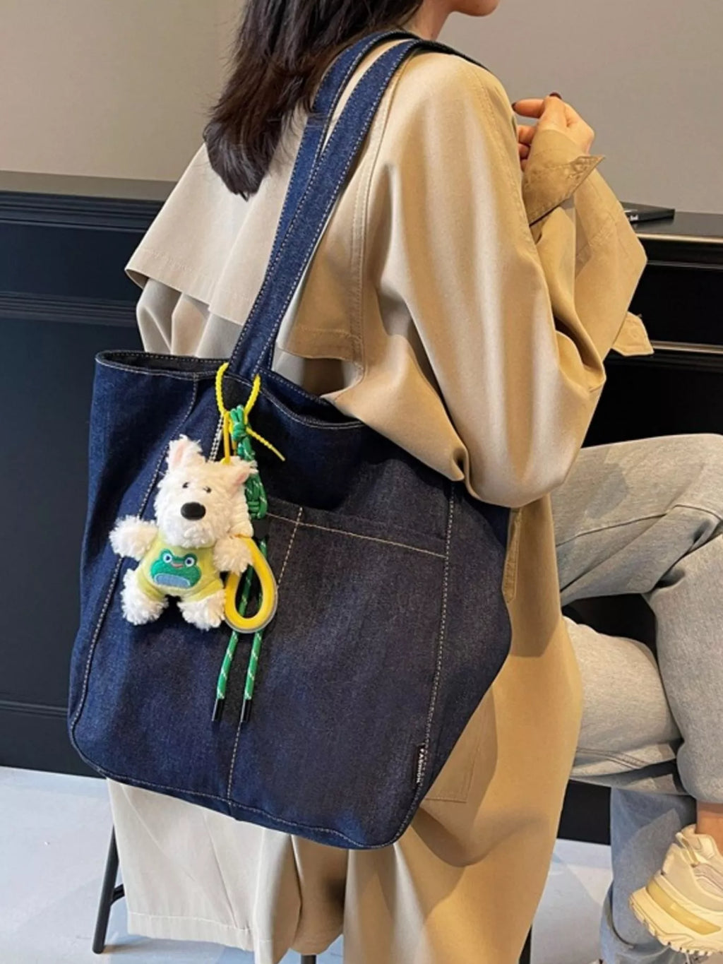 Denim Shoulder Bag with Cute Charm