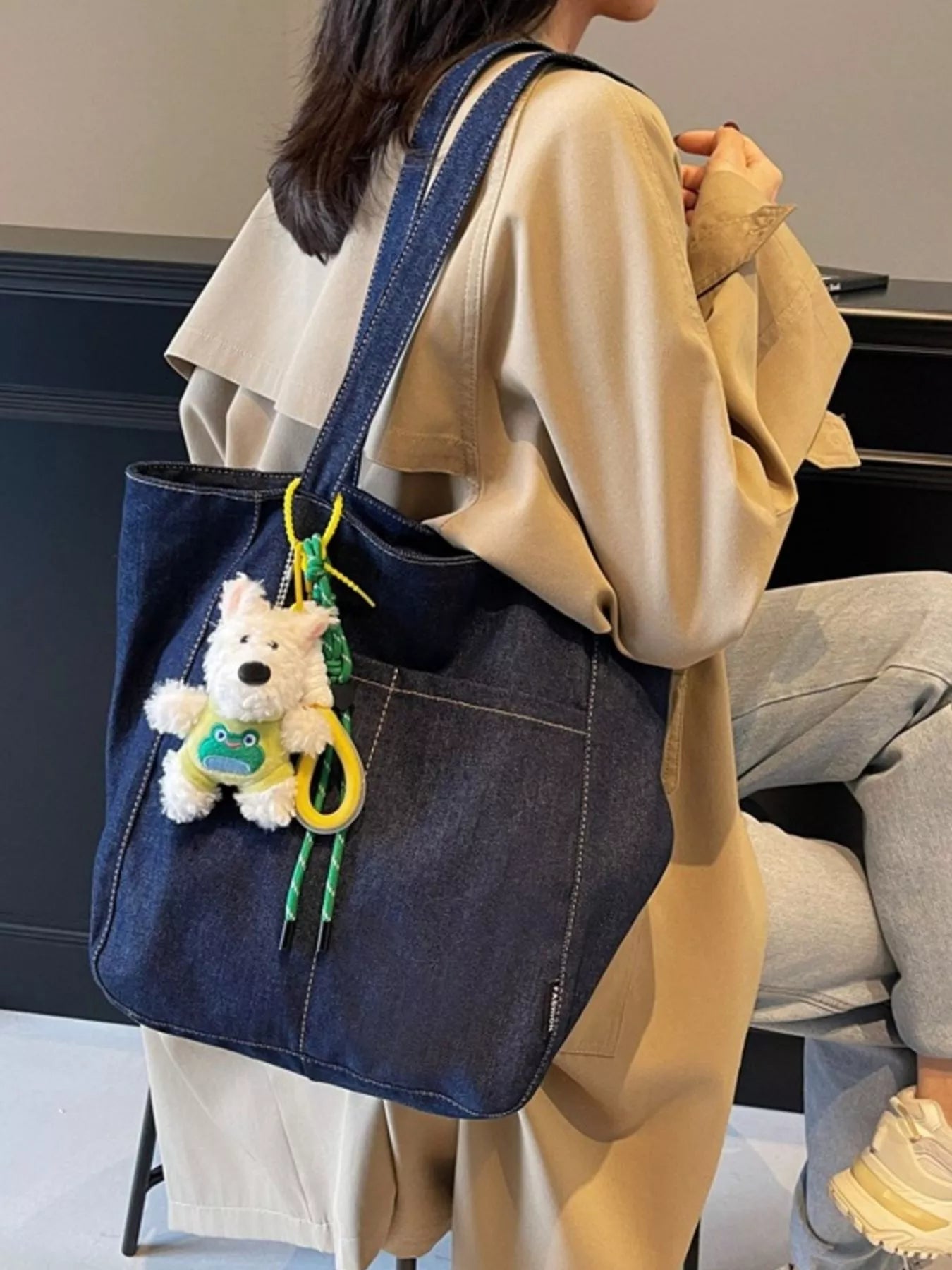 Denim Shoulder Bag with Cute Charm
