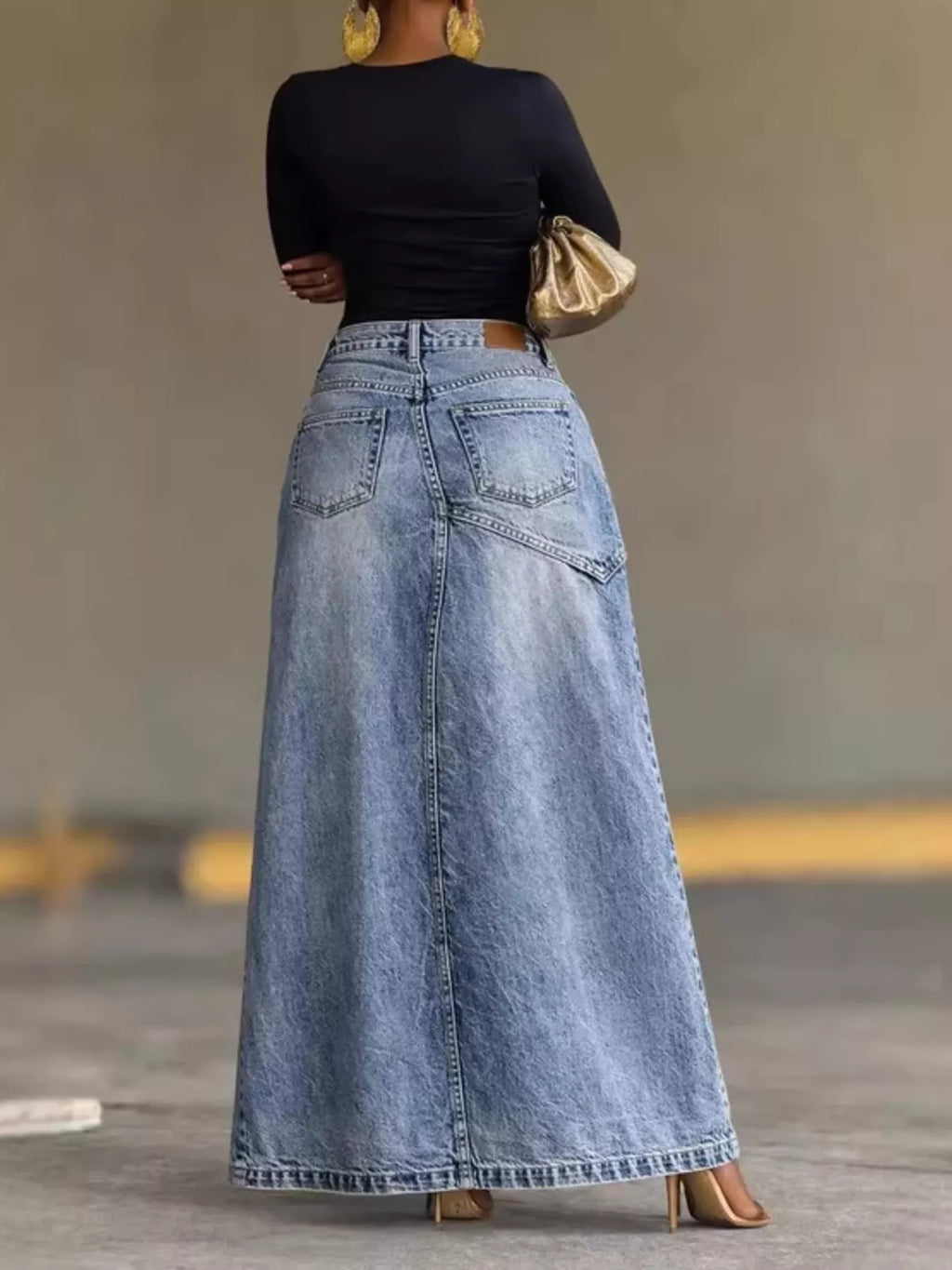 High-Waisted Slit Denim Skirt
