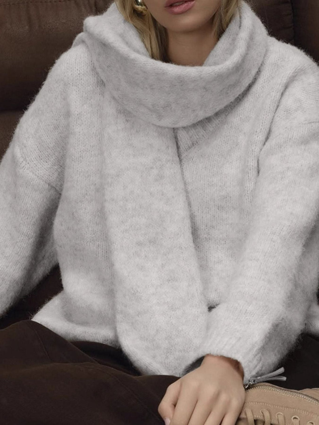 Oversized V-Neck Dropped Shoulder Sweater with Scarf
