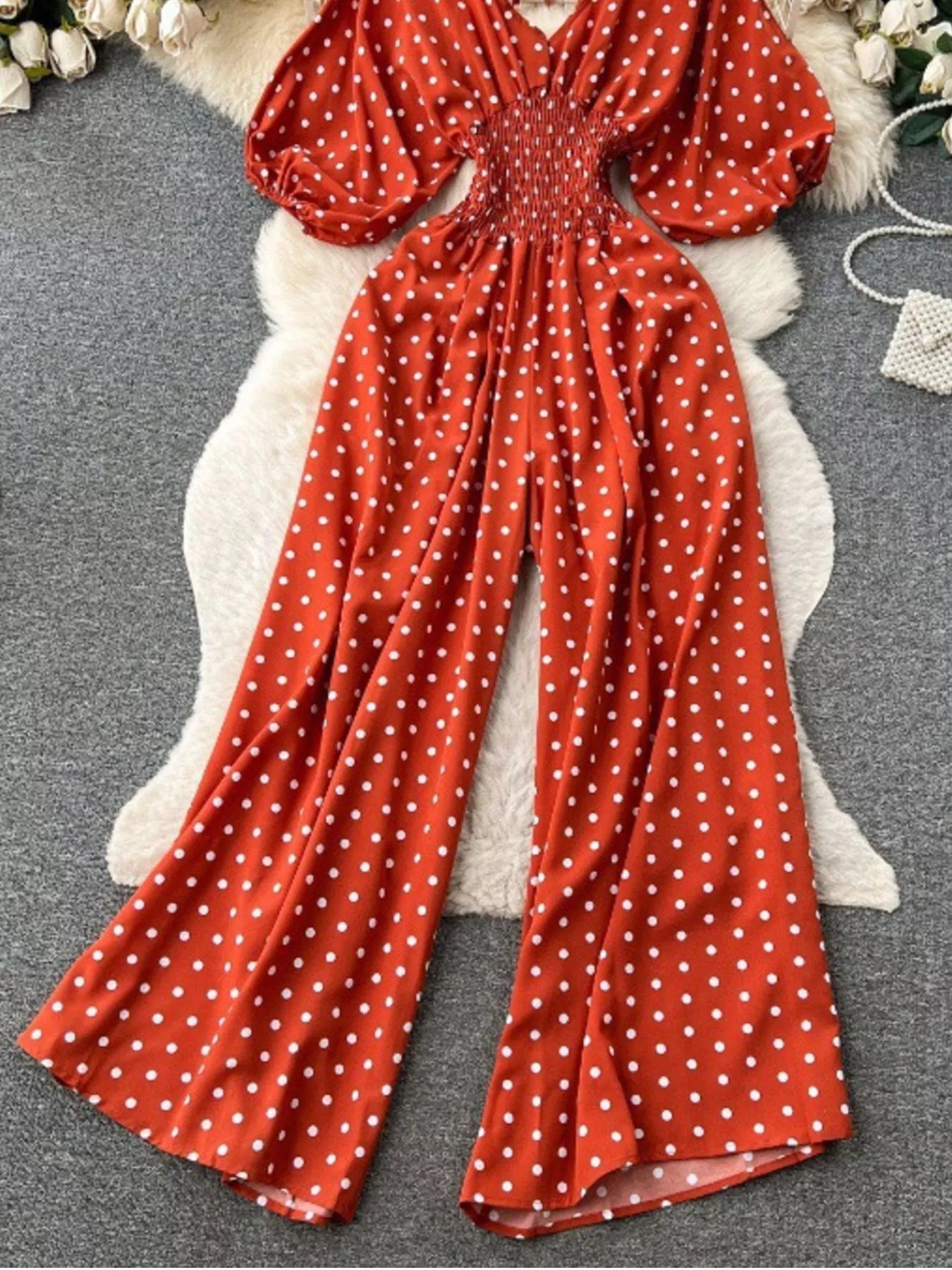 Smocked V-Neck Wide Leg Jumpsuit