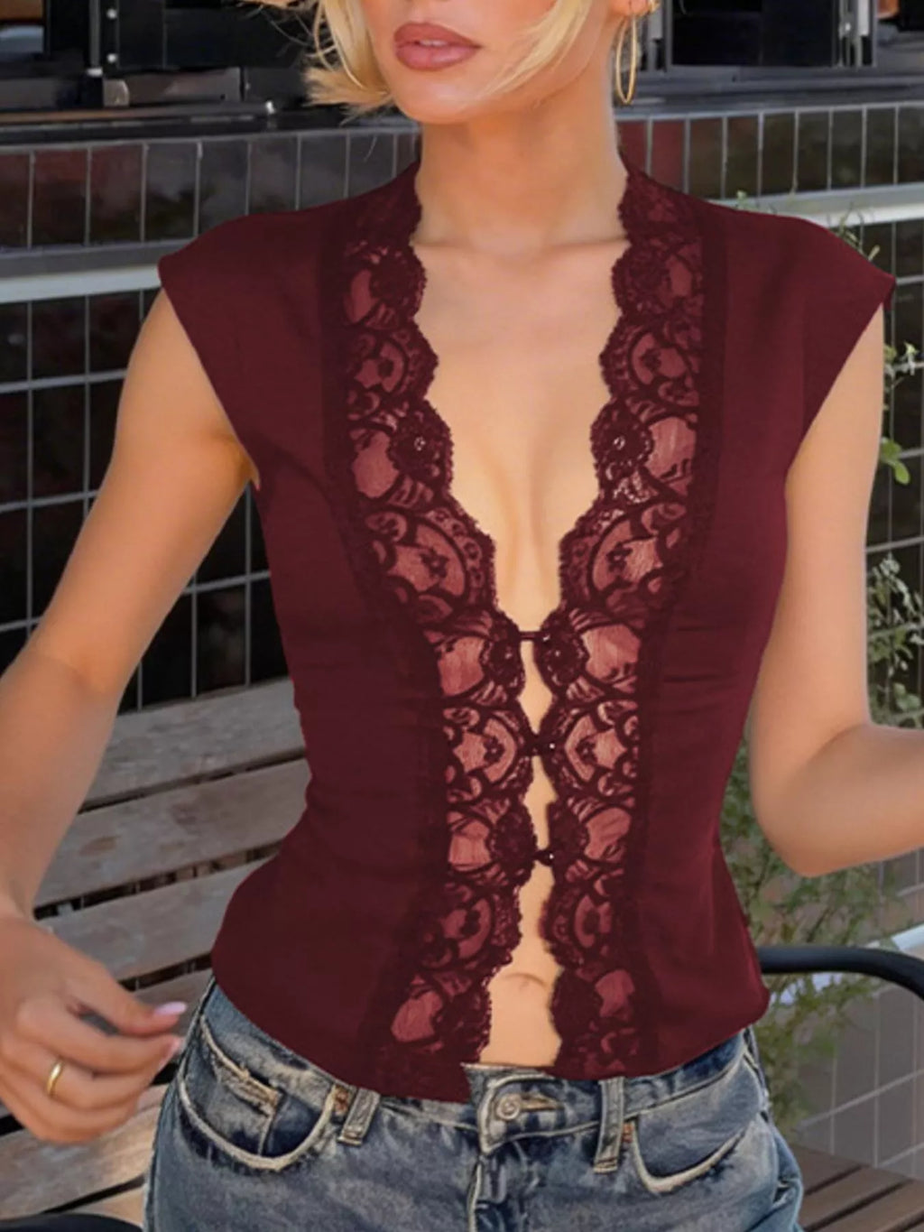Lace Trim Button Front Vest